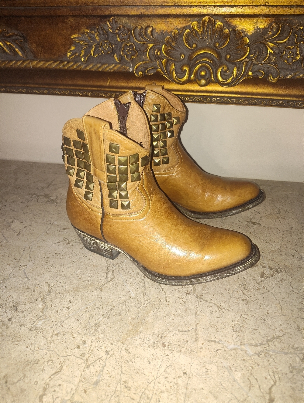 Black Rooster Women's  Tan Studded Western Ankle Boots